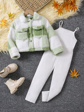 Young Girl 2-Piece Set: Plaid Fleece Zip-Up Jacket With Pockets And Bib Pants, Fall/Winter